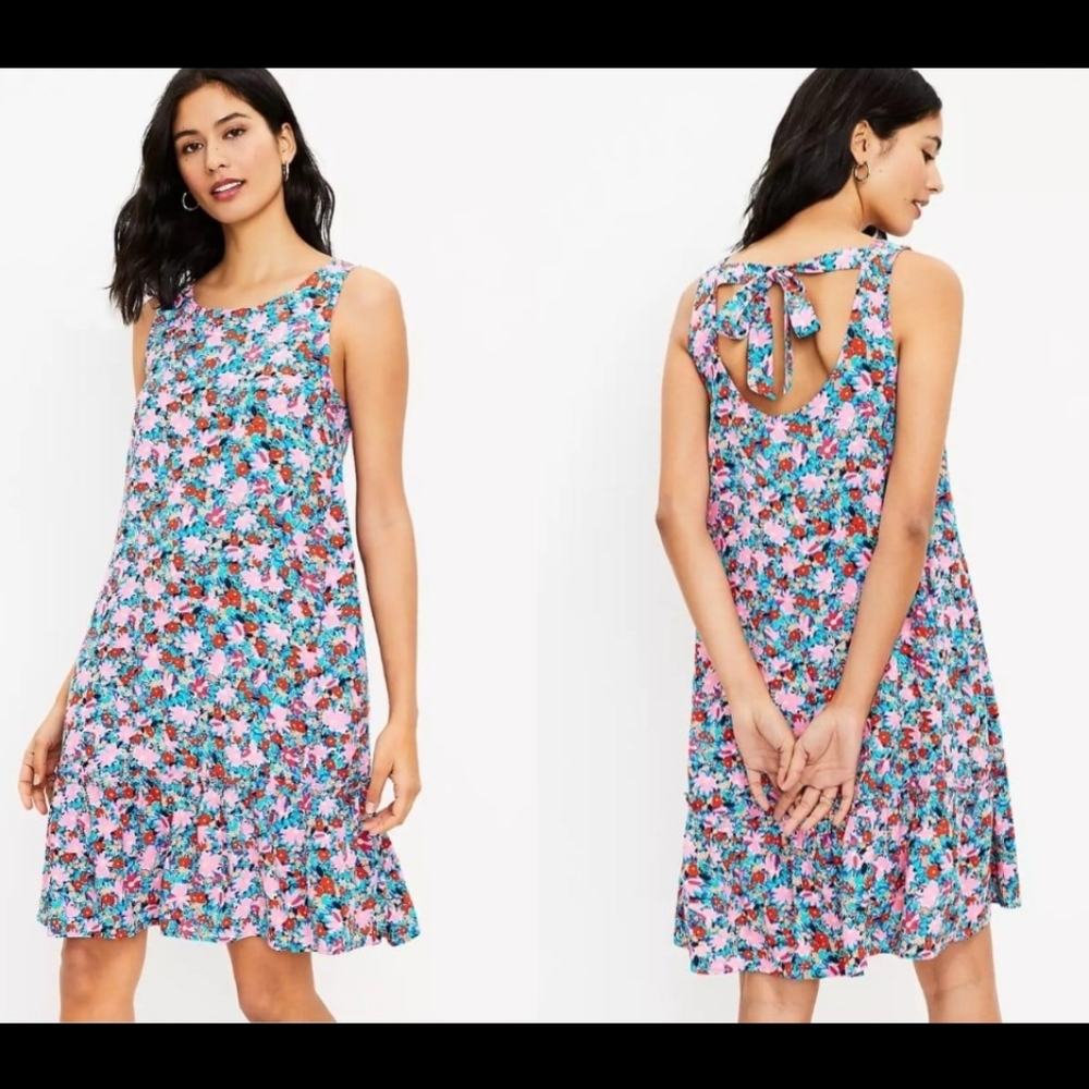 NWT Loft Ann Taylor Daisy Tie Back Flounce Ruffle Dress Floral Flowy Sleeveless